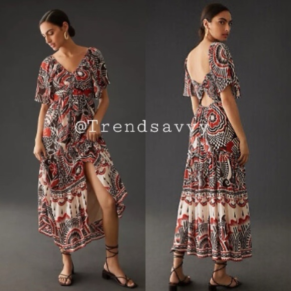 Anthropologie Red Black Floral Cutout Back Tiered Maxi Dress XXS Vacation Resort